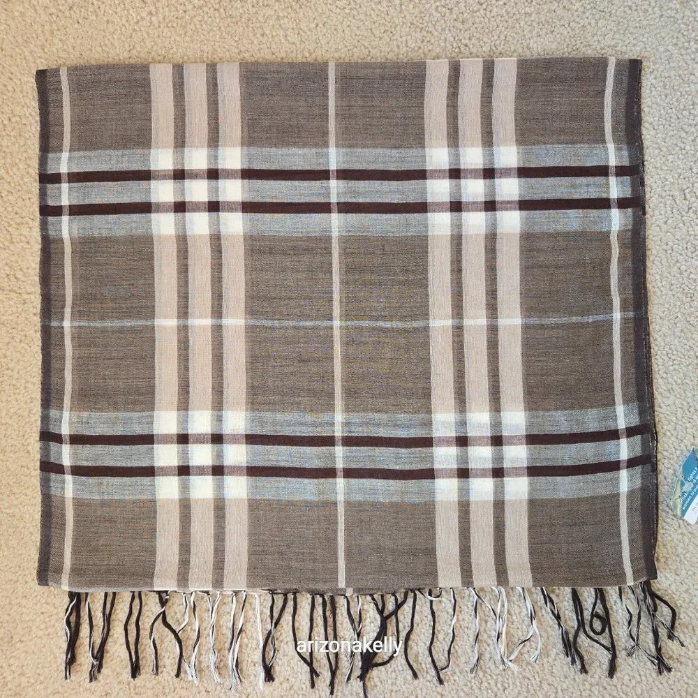 NWT Wool/Cotton Blend Lightweight Scarf Brown Tan Plaid Freeset Fabric